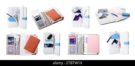 Set of travel organizers with different things on white background Stock Photo
