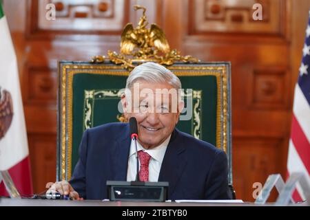 Mexico City, Mexico. 07th Dec, 2023. Mexican President Andres Manuel Lopez Obrador smiles during a bilateral meeting with U.S. Treasury Secretary Janet Yellen at the National Palace, December 7, 2023 in Mexico City, Mexico. Credit: Presidencia de la Republica Mexicana/Mexican Presidents Office/Alamy Live News Stock Photo