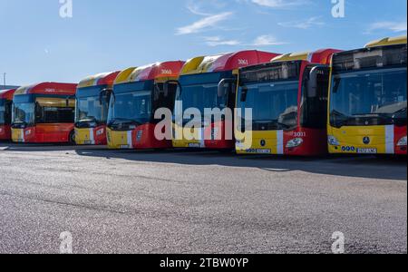 Felanitx, Spain; december 06 2023: Buses of the public company TIB, transport of the Balearic Islands, parked in an industrial park on a sunny morning Stock Photo