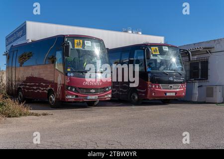 Felanitx, Spain; december 06 2023: Buses of the public company TIB, transport of the Balearic Islands, parked in an industrial park on a sunny morning Stock Photo