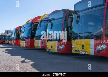 Felanitx, Spain; december 06 2023: Buses of the public company TIB, transport of the Balearic Islands, parked in an industrial park on a sunny morning Stock Photo