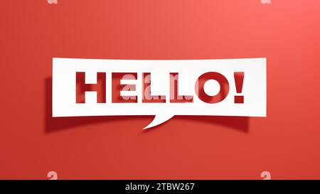 Hello - Speech Bubble. White Cut Out Paper on Red Background. Minimal Concept. 3D Render. Stock Photo