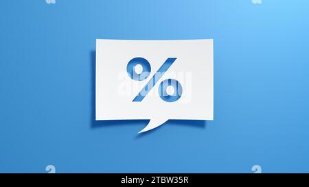 Percent Speech Bubble. Minimalist abstract design with white cut out paper on blue background. 3D Render. Stock Photo