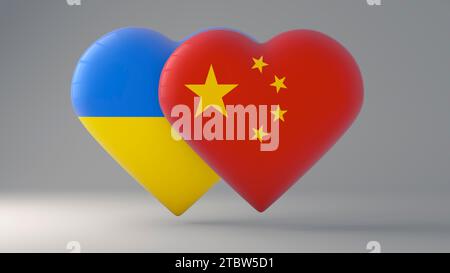 State symbol of Ukraine and China on glossy badges. 3D rendering. Stock Photo
