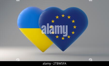 State symbol of Ukraine and European on glossy badges. 3D rendering. Stock Photo
