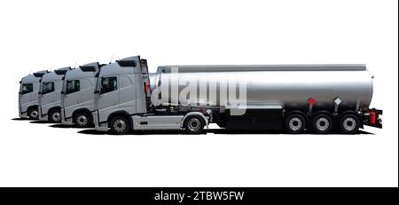 Four Fuel tanker trucks, side view Stock Photo