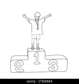 boy with gold medal standing on podium illustration vector hand drawn isolated on white background Stock Vector