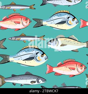 Seamless pattern with commercial seafood fishes, ocean perk, sea bass and dorado. Seafood fish. Vector illustration Stock Vector