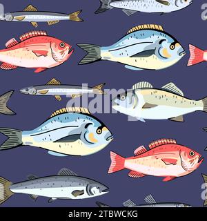 Seamless pattern with commercial seafood fishes, ocean perk, sea bass and dorado. Seafood fish. Vector illustration Stock Vector