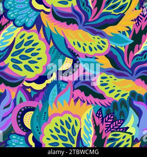 Bright seamless psychedelic pattern with vivid abstract colorful elements. Stock Vector