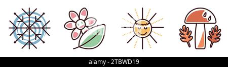 Four seasons groovy icon set, color vector signs of winter, spring, summer and autumn Stock Vector