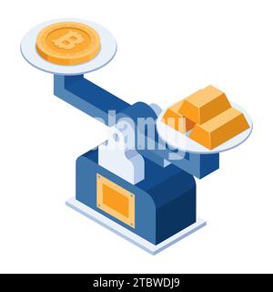 Flat 3d Isometric Bitcoin Equal to Gold on Scale. Bitcoin and Cryptocurrency Concept. Stock Vector