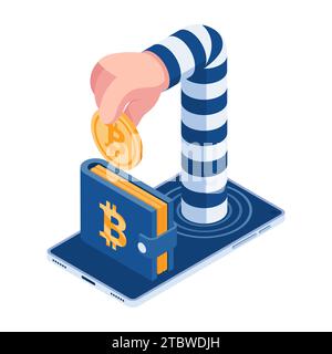 Flat 3d Isometric Hacker or Thief Steal Bitcoin From Wallet. Bitcoin and Cryptocurrency Fraud Concept. Stock Vector