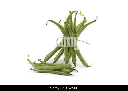 Bundle green beans bonded with jute rope isolated on white background Stock Photo