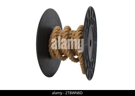 Braided natural jute rope wrapped on the reel isolated on white background Stock Photo