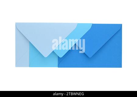 Envelopes of blue hues isolated on white background, viewed from above. Top view Stock Photo