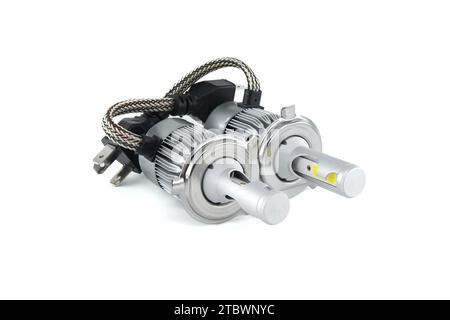Vehicles H4 LED headlight bulbs isolated on white background, vehicles parts and replacement Stock Photo