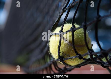 Tennis ball in the net. Ball hitting the tennis net, tennis scene with black net and yellow ball Stock Photo