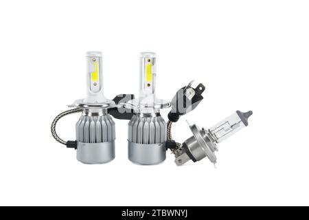 H4 halogen lamp and LED headlight bulbs isolated on white background, vehicles parts and replacement Stock Photo