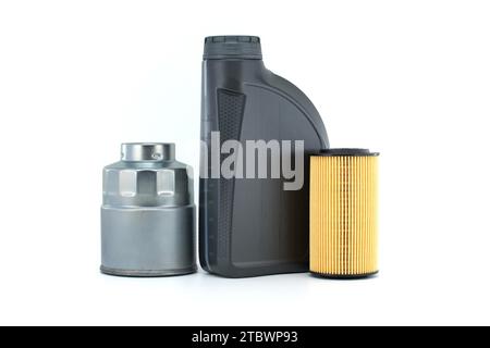 Motor oil container and filters isolated on a white background. Car servicing, automotive industry and filter replacing maintenance Stock Photo