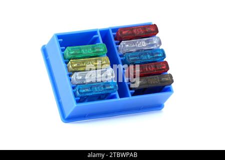 Automotive fuses with open circuit used to protect the wiring and electrical equipment for vehicles isolated on white background. Blown fuse Stock Photo