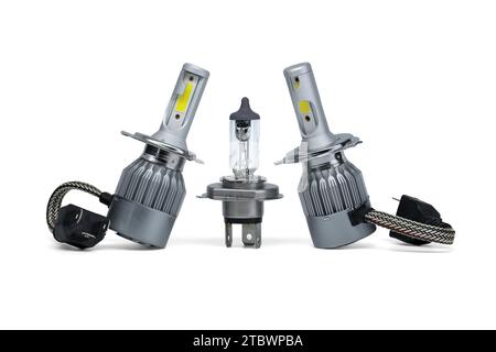 H4 halogen lamp and LED headlight bulbs isolated on white background, vehicles parts and replacement Stock Photo
