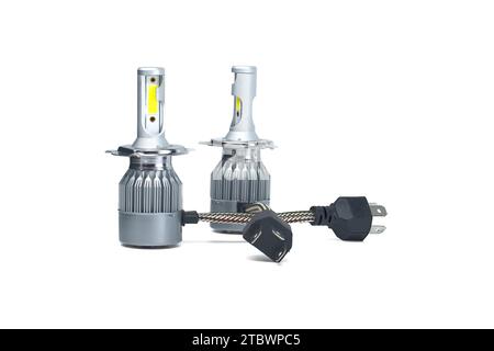 Vehicles H4 LED headlight bulbs isolated on white background, vehicles parts and replacement Stock Photo