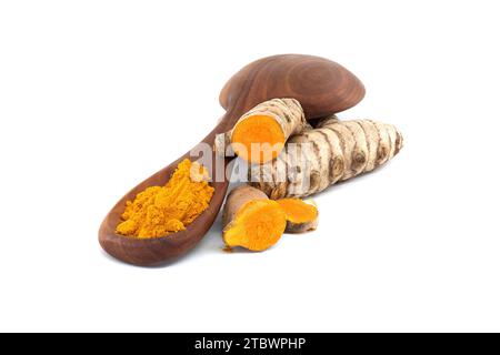 Turmeric powder and fresh turmeric (curcumin) root isolated on white background Stock Photo