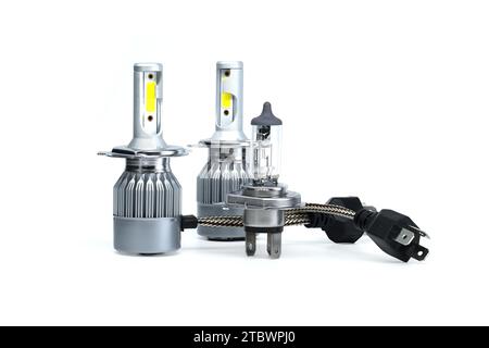 H4 halogen lamp and LED headlight bulbs isolated on white background, vehicles parts and replacement Stock Photo