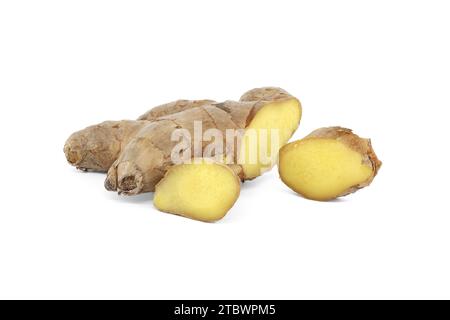 Fresh ginger root with slices isolated on white background Stock Photo