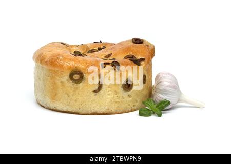 Round Focaccia Bread With Olives, Garlic And Basil Sprig Isolated On 