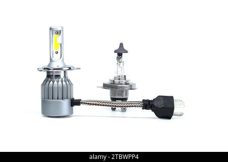Car H4 LED and halogen headlight bulbs isolated on white background Stock Photo