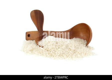 Uncooked long-grain rice in wooden spoons isolated on white background Stock Photo