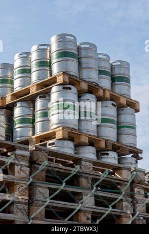 Bratislava, Slovakia, October, 16, 2022 : A pile of Pilsner urquell stainless steel kegs. Beer barrels Stock Photo
