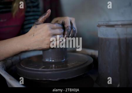 Close up of pottery making process. Leisure activity and small business concept. Stock Photo