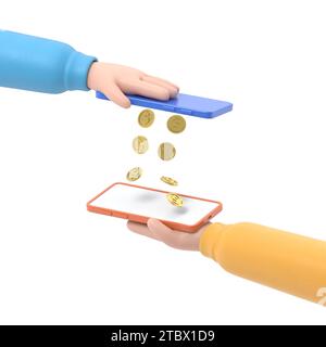 Mobile payment money transfer flat 3d isometry isometric financial transaction concept web 3d illustration. Coin drop raining from one smart phone to Stock Photo