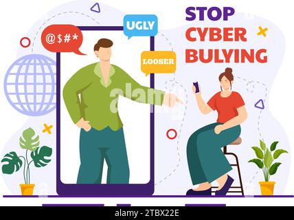 Stop Cyberbullying Vector Illustration of Haters Online with Bullying Internet, Trolling and Hate Speech in Flat Cartoon Background Design Stock Vector