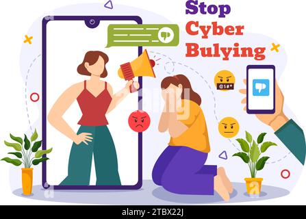 Stop Cyberbullying Vector Illustration of Haters Online with Bullying Internet, Trolling and Hate Speech in Flat Cartoon Background Design Stock Vector