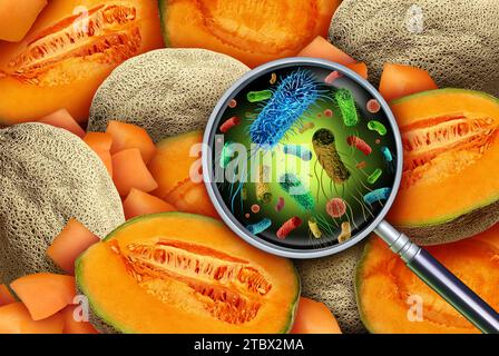 Cantaloup Bacteria Contamination and Salmonella Outbreak as fresh produce bacteria Public Health and germs on fruit and vegetables as a the health ris Stock Photo