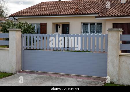 portal classic steel slide aluminum grey metal gate sliding door home of garden house Stock Photo