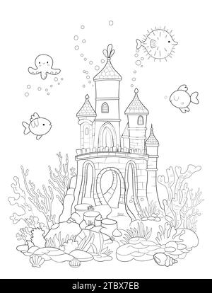 Mermaid s castle line illustration. Coloring book page, black and white ...