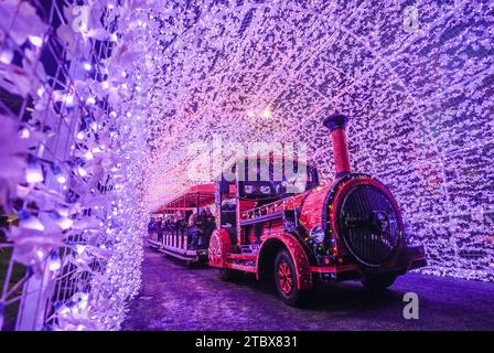 Vancouver, Canada. 8th Dec, 2023. Visitors ride on a train through a light tunnel at the PNE Winter Fair at the Pacific National Exhibition in Vancouver, British Columbia, Canada, Dec. 8, 2023. Credit: Liang Sen/Xinhua/Alamy Live News Stock Photo