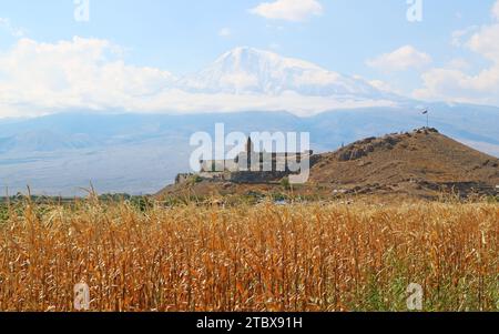 Incredible View of Khor Virap Monastery with Snow Covered Ararat Mountain in the Backdrop, Artashat, Armenia Stock Photo