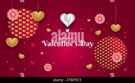 Valentine's Day greeting banner with gold hearts, flowers and hot air balloon in paper cut style on red background with heart pattern Stock Vector