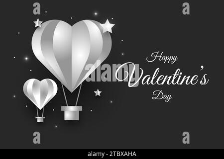 Happy Valentine's day greeting banner with heart air balloon and stars in silver on black background Stock Vector