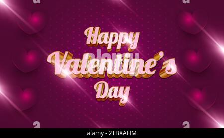 Happy Valentine's Day banner with pink and gold 3d text, scattered hearts and shining flare, on a purple background. Holiday gift card Stock Vector