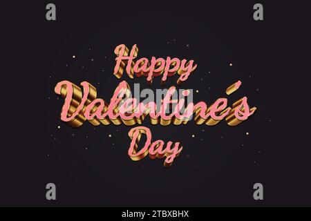 Happy Valentine's Day lettering with pink and gold text and gold ornaments spread on black background. Holiday gift card Stock Vector
