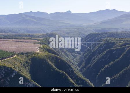 The Bloukrans Bridge is an arch bridge located in South Africa.The Bloukrans River below forms the border between the Eastern Cape and Western Cape. Stock Photo