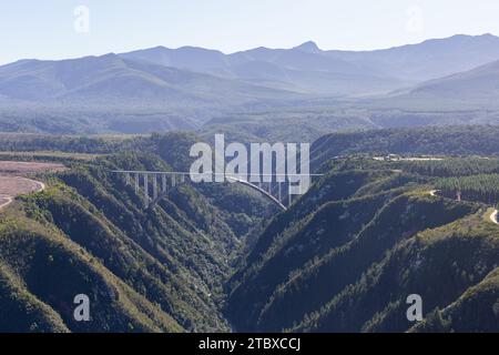 The Bloukrans Bridge is an arch bridge located in South Africa.The Bloukrans River below forms the border between the Eastern Cape and Western Cape. Stock Photo