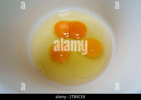 Three raw eggs with double yolk in one, in a white bowl, top view, close up shot. Stock Photo